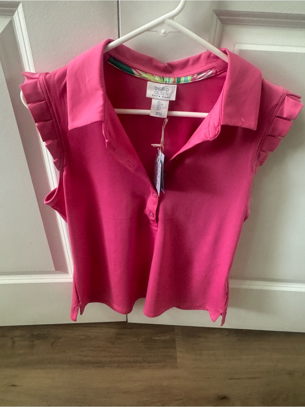 Sigrid Olsen Hot Pink Ruffle-Sleeve Polo Tank